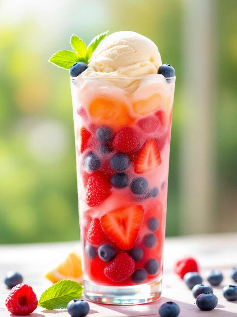 A refreshing Berry Bliss Float with layers of strawberries, blueberries, raspberries, and vanilla ice cream topped with fizzy soda and mint.